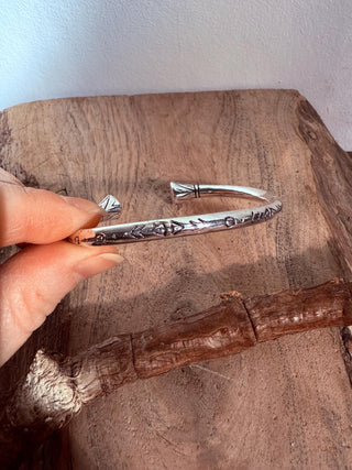 Silver Bracelet Tribal Symbols Native Markings / Bangle / Cuff / Unisex / Boho / Ethnic / Rustic / Bohemian / Costume Fashion Jewelery /
