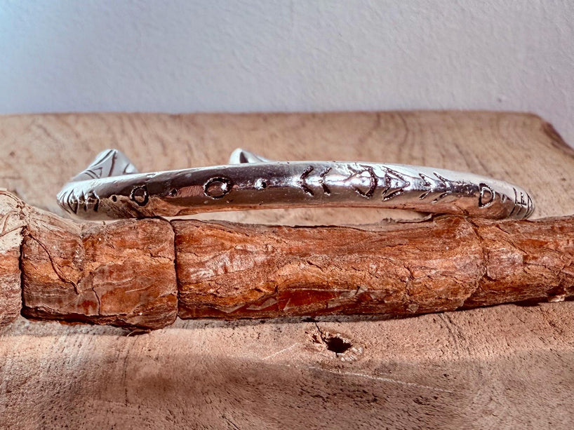 Silver Bracelet Tribal Symbols Native Markings / Bangle / Cuff / Unisex / Boho / Ethnic / Rustic / Bohemian / Costume Fashion Jewelery /