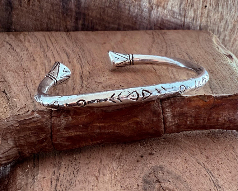 Silver Bracelet Tribal Symbols Native Markings / Bangle / Cuff / Unisex / Boho / Ethnic / Rustic / Bohemian / Costume Fashion Jewelery /