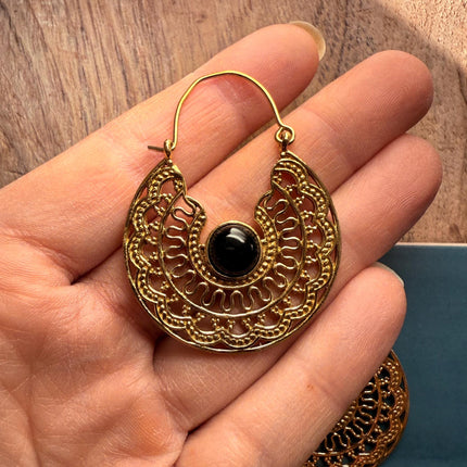 Black Onyx & Brass Hoop Ethnic Earrings / Boho Jewellery / Bohemian Style / Rustic / Gift for Her / Yoga / Mandala / Golden Jewelery
