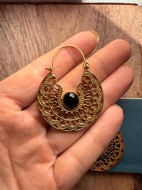 Black Onyx & Brass Hoop Ethnic Earrings / Boho Jewellery / Bohemian Style / Rustic / Gift for Her / Yoga / Mandala / Golden Jewelery