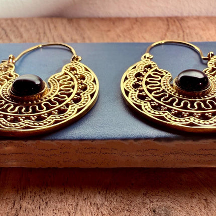 Black Onyx & Brass Hoop Ethnic Earrings / Boho Jewellery / Bohemian Style / Rustic / Gift for Her / Yoga / Mandala / Golden Jewelery