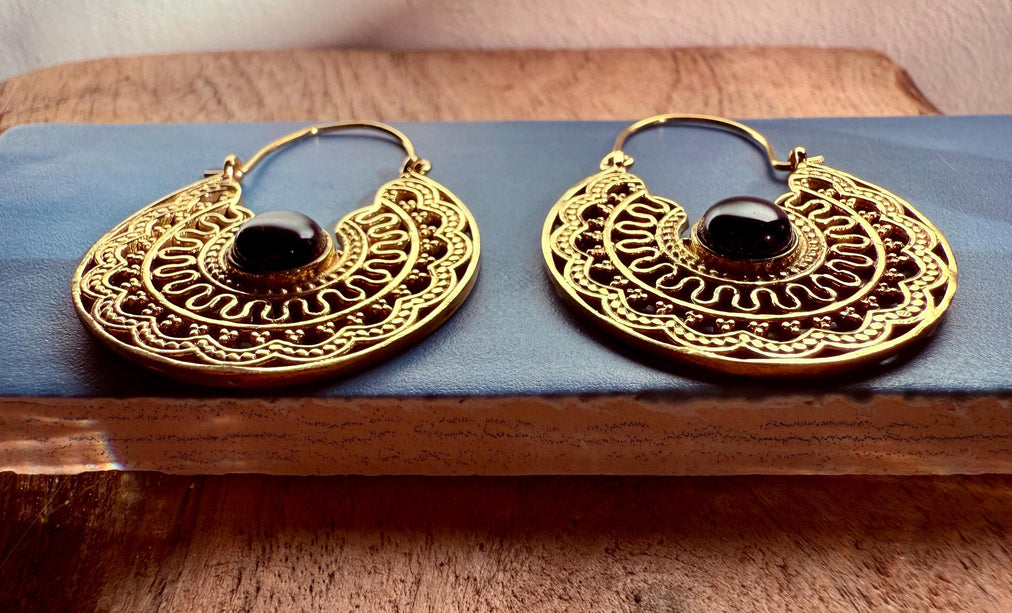 Black Onyx & Brass Hoop Ethnic Earrings / Boho Jewellery / Bohemian Style / Rustic / Gift for Her / Yoga / Mandala / Golden Jewelery