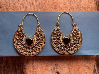 Black Onyx & Brass Hoop Ethnic Earrings / Boho Jewellery / Bohemian Style / Rustic / Gift for Her / Yoga / Mandala / Golden Jewelery