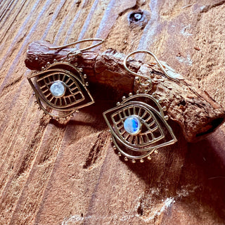Evil Eye Earrings Moonstone / Brass / Boho Jewellery / Bohemian Jewelery / Ethnic Look / Spiritual Protection / Rustic / Eye of Protection