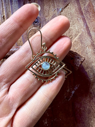 Evil Eye Earrings Moonstone / Brass / Boho Jewellery / Bohemian Jewelery / Ethnic Look / Spiritual Protection / Rustic / Eye of Protection