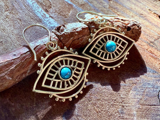 Evil Eye Earrings Turquoise / Brass / Boho Jewellery / Bohemian Jewelery / Ethnic Look / Spiritual Protection / Rustic / Eye of Protection