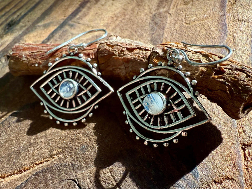 Evil Eye Earrings Moonstone / Silver / Boho Jewellery / Bohemian Jewelery / Ethnic Look / Spiritual Protection / Rustic / Eye of Protection