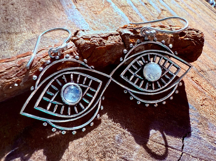 Evil Eye Earrings Moonstone / Silver / Boho Jewellery / Bohemian Jewelery / Ethnic Look / Spiritual Protection / Rustic / Eye of Protection