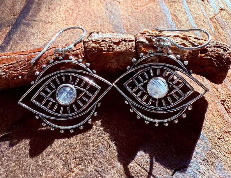 Evil Eye Earrings Moonstone / Silver / Boho Jewellery / Bohemian Jewelery / Ethnic Look / Spiritual Protection / Rustic / Eye of Protection