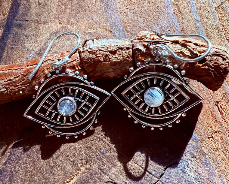 Evil Eye Earrings Moonstone / Silver / Boho Jewellery / Bohemian Jewelery / Ethnic Look / Spiritual Protection / Rustic / Eye of Protection