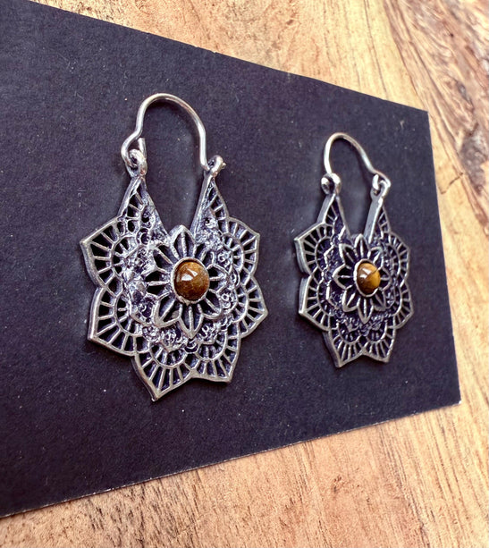 Tiger's Eye Gold Earrings Small Boho Hoops / Mandala Shape / Ethnic / Rustic / Yoga / Hippie / Boho Jewellery / Bohemian / Festival