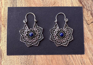 Lapis Lazuli Boho Earrings Silver Earrings / Mandala Star Shape / Ethnic / Rustic / Yoga / Hippie / Gypsy / Psy / Bohemian / Festival