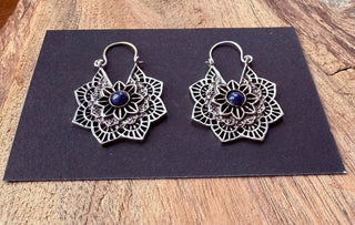 Lapis Lazuli Boho Earrings Silver Earrings / Mandala Star Shape / Ethnic / Rustic / Yoga / Hippie / Gypsy / Psy / Bohemian / Festival