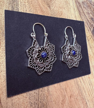 Lapis Lazuli Boho Earrings Silver Earrings / Mandala Star Shape / Ethnic / Rustic / Yoga / Hippie / Gypsy / Psy / Bohemian / Festival