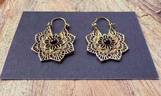 Boho Hoops Black Onyx Brass Earrings / Small Earrings / Mandala / Ethnic / Rustic / Yoga / Hippie / Gypsy / Psy / Bohemian / Festival