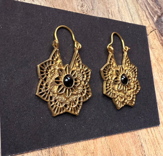 Boho Hoops Black Onyx Brass Earrings / Small Earrings / Mandala / Ethnic / Rustic / Yoga / Hippie / Gypsy / Psy / Bohemian / Festival