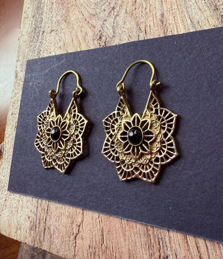 Boho Hoops Black Onyx Brass Earrings / Small Earrings / Mandala / Ethnic / Rustic / Yoga / Hippie / Gypsy / Psy / Bohemian / Festival