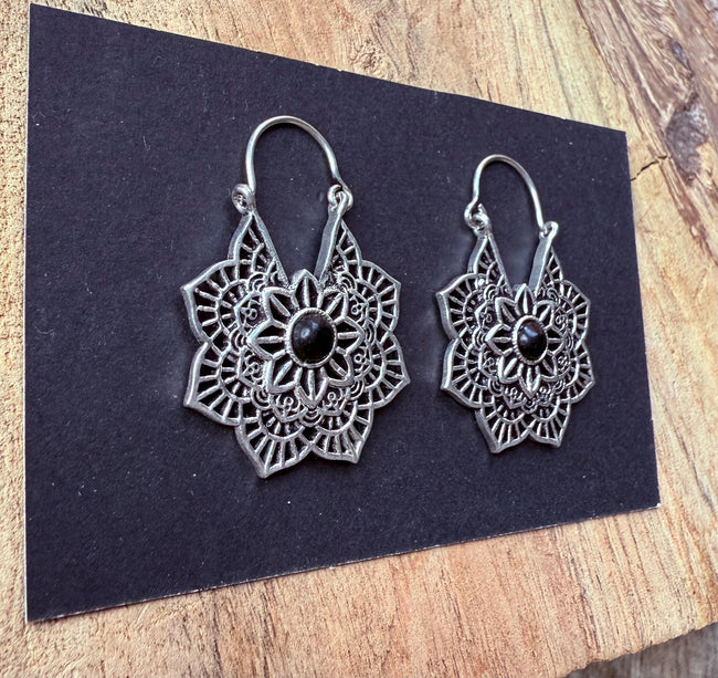 Boho Hoops Black Onyx Silver Earrings / Small Earrings / Mandala / Ethnic / Rustic / Yoga / Hippie / Gypsy / Psy / Bohemian / Festival