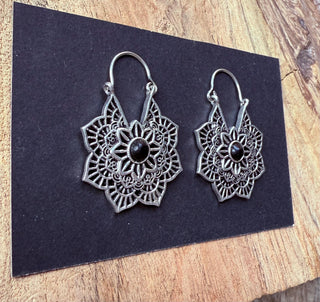 Boho Hoops Black Onyx Silver Earrings / Small Earrings / Mandala / Ethnic / Rustic / Yoga / Hippie / Gypsy / Psy / Bohemian / Festival