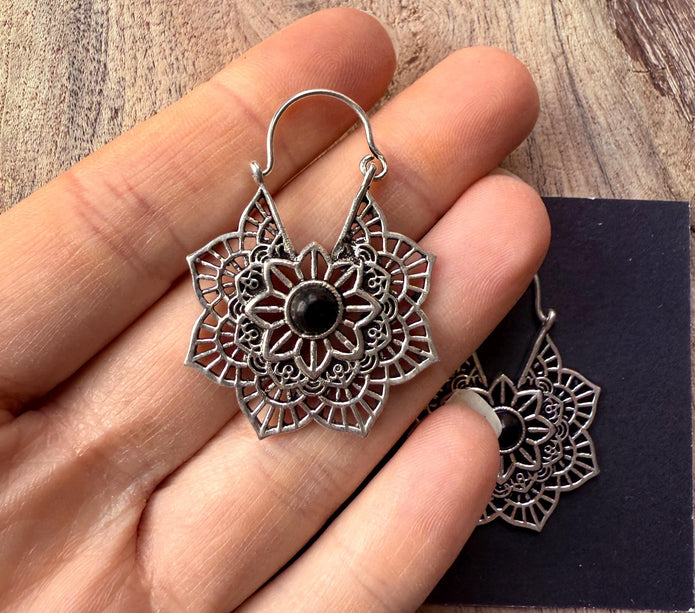 Boho Hoops Black Onyx Silver Earrings / Small Earrings / Mandala / Ethnic / Rustic / Yoga / Hippie / Gypsy / Psy / Bohemian / Festival