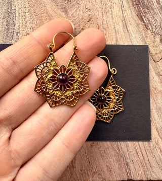 Small Boho Hoops Amethyst Brass Earrings / Mandala Shape / Ethnic / Rustic / Yoga / Hippie / Boho Jewellery / Bohemian / Festival