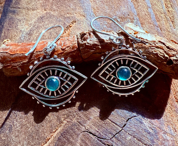 Evil Eye Earrings Green Onyx / Silver / Boho Jewellery / Bohemian Jewelery / Ethnic Look / Spiritual Protection / Rustic / Eye of Protection