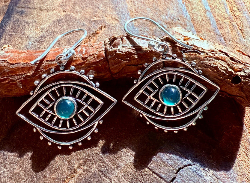 Evil Eye Earrings Green Onyx / Silver / Boho Jewellery / Bohemian Jewelery / Ethnic Look / Spiritual Protection / Rustic / Eye of Protection