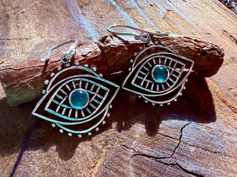 Evil Eye Earrings Green Onyx / Silver / Boho Jewellery / Bohemian Jewelery / Ethnic Look / Spiritual Protection / Rustic / Eye of Protection