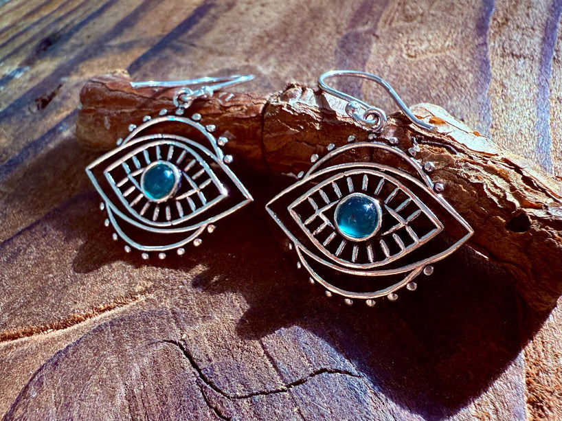 Evil Eye Earrings Green Onyx / Silver / Boho Jewellery / Bohemian Jewelery / Ethnic Look / Spiritual Protection / Rustic / Eye of Protection