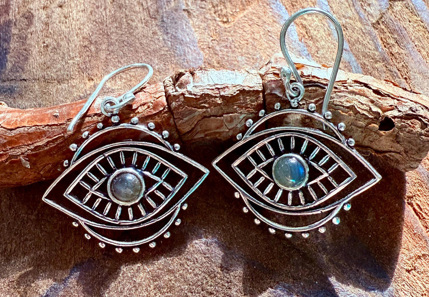 Evil Eye Earrings Labradorite / Silver / Boho Jewellery / Bohemian Jewelery / Ethnic / Spiritual Protection / Rustic / Eye of Protection