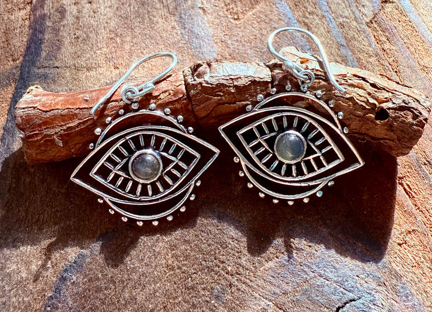 Evil Eye Earrings Labradorite / Silver / Boho Jewellery / Bohemian Jewelery / Ethnic / Spiritual Protection / Rustic / Eye of Protection