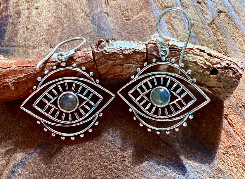 Evil Eye Earrings Labradorite / Silver / Boho Jewellery / Bohemian Jewelery / Ethnic / Spiritual Protection / Rustic / Eye of Protection