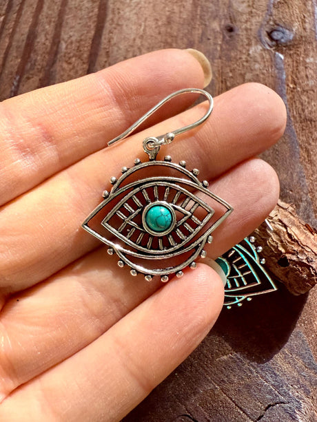 Evil Eye Earrings Turquoise / Silver / Boho Jewellery / Bohemian Jewelery / Ethnic / Spiritual Protection / Rustic / Eye of Protection