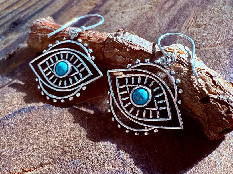 Evil Eye Earrings Turquoise / Silver / Boho Jewellery / Bohemian Jewelery / Ethnic / Spiritual Protection / Rustic / Eye of Protection