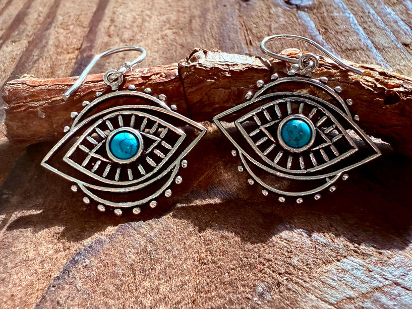 Evil Eye Earrings Turquoise / Silver / Boho Jewellery / Bohemian Jewelery / Ethnic / Spiritual Protection / Rustic / Eye of Protection