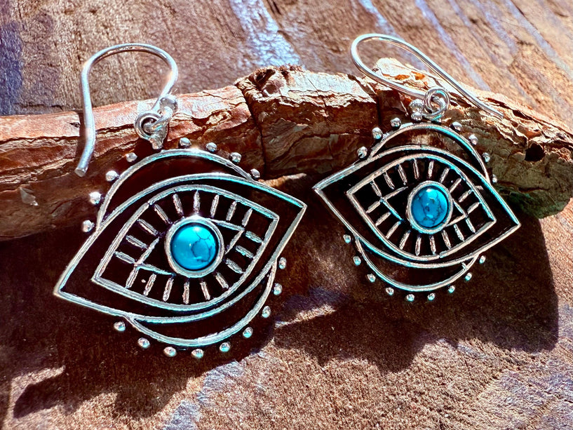 Evil Eye Earrings Turquoise / Silver / Boho Jewellery / Bohemian Jewelery / Ethnic / Spiritual Protection / Rustic / Eye of Protection