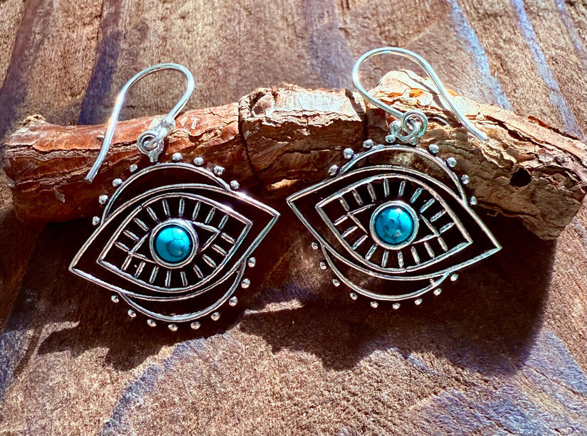 Evil Eye Earrings Turquoise / Silver / Boho Jewellery / Bohemian Jewelery / Ethnic / Spiritual Protection / Rustic / Eye of Protection