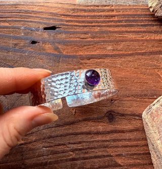 Hammered Silver Bracelet with Amethyst / Adjustable / Bohemian Jewellery / Ethnic Style / Rustic / Boho / Gift for Her / Artisanal /