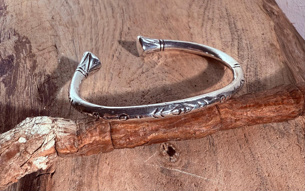 Silver Bracelet Tribal Symbols Native Markings / Bangle / Cuff / Unisex / Boho / Ethnic / Rustic / Bohemian / Costume Fashion Jewelery /
