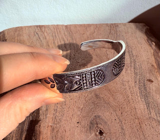 Silver Bracelet Tribal Symbols Native Markings / Bangle / Cuff / Unisex / Boho / Ethnic / Rustic / Bohemian / Costume Fashion Jewelery /