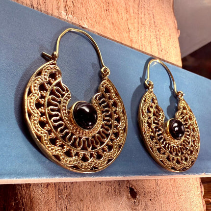 Black Onyx & Brass Hoop Ethnic Earrings / Boho Jewellery / Bohemian Style / Rustic / Gift for Her / Yoga / Mandala / Golden Jewelery
