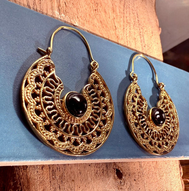 Black Onyx & Brass Hoop Ethnic Earrings / Boho Jewellery / Bohemian Style / Rustic / Gift for Her / Yoga / Mandala / Golden Jewelery
