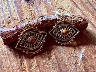 Evil Eye Earrings Tiger's Eye / Brass / Boho Jewellery / Bohemian Jewelery / Ethnic Look / Spiritual Protection / Rustic / Eye of Protection