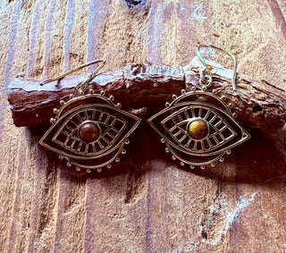 Evil Eye Earrings Tiger's Eye / Brass / Boho Jewellery / Bohemian Jewelery / Ethnic Look / Spiritual Protection / Rustic / Eye of Protection