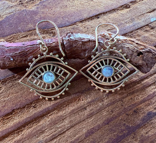 Evil Eye Earrings Moonstone / Brass / Boho Jewellery / Bohemian Jewelery / Ethnic Look / Spiritual Protection / Rustic / Eye of Protection