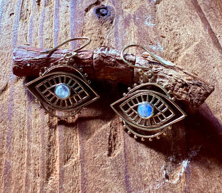 Evil Eye Earrings Moonstone / Brass / Boho Jewellery / Bohemian Jewelery / Ethnic Look / Spiritual Protection / Rustic / Eye of Protection