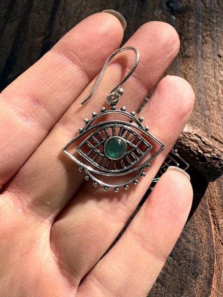 Evil Eye Earrings Green Onyx / Silver / Boho Jewellery / Bohemian Jewelery / Ethnic Look / Spiritual Protection / Rustic / Eye of Protection