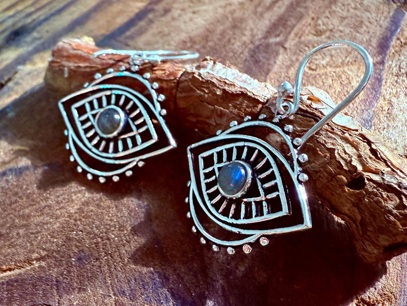 Evil Eye Earrings Labradorite / Silver / Boho Jewellery / Bohemian Jewelery / Ethnic / Spiritual Protection / Rustic / Eye of Protection