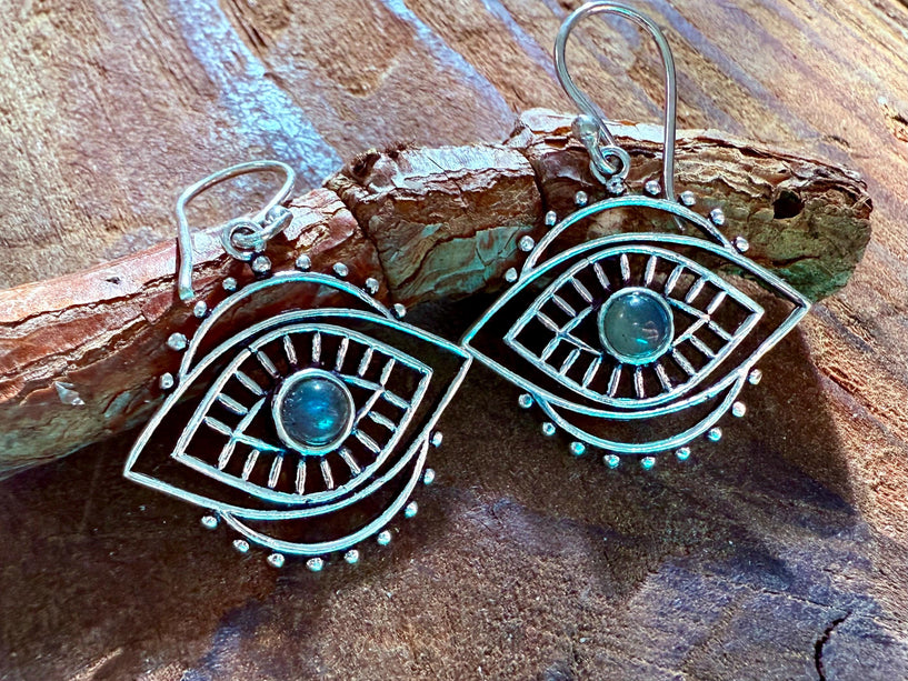 Evil Eye Earrings Labradorite / Silver / Boho Jewellery / Bohemian Jewelery / Ethnic / Spiritual Protection / Rustic / Eye of Protection